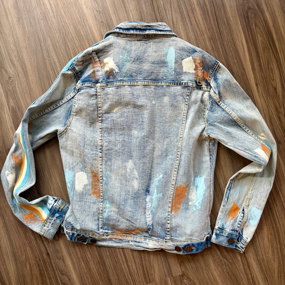 FWRD Denim Ice Blue & Gold Stripe with Paint Splatter Badass Jacket - Picture 9 of 11